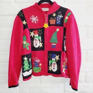Tiara International Women Christmas Sweater Snowman VTG Red Xmas Cardigan SZM
